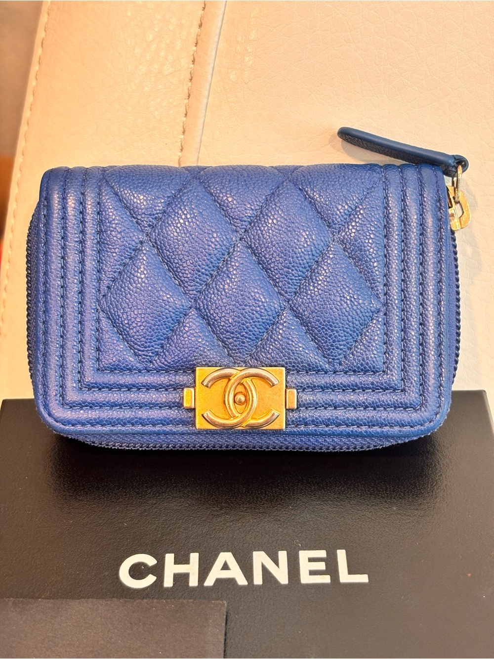 CHANEL Boy Blue Caviar Quilted Leather Zip Around Coin Purse Wallet W/ Box - Picture 3 of 16
